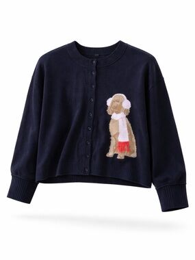 New with Tag! $198 Anthropologie Navy Cardigan with Poodle Appliqué sz L